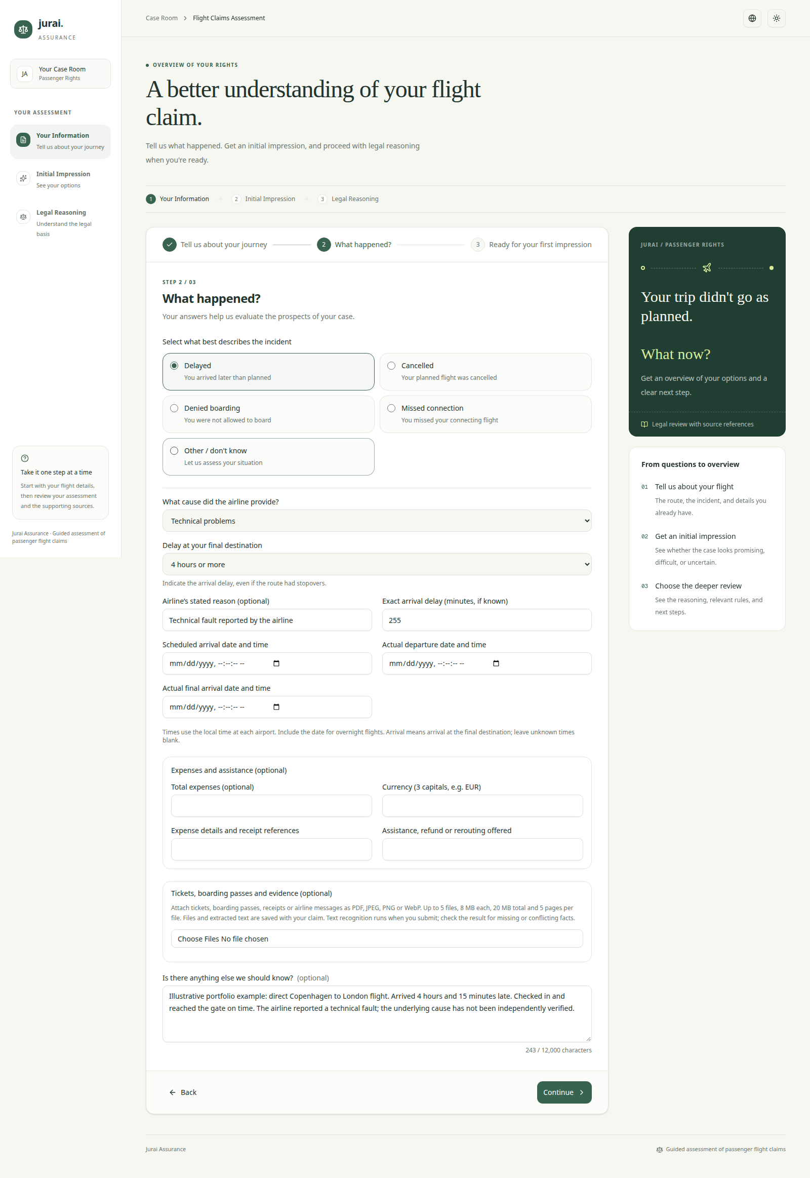 Flight disruption form with arrival delay, reported cause, expenses, and supporting document upload