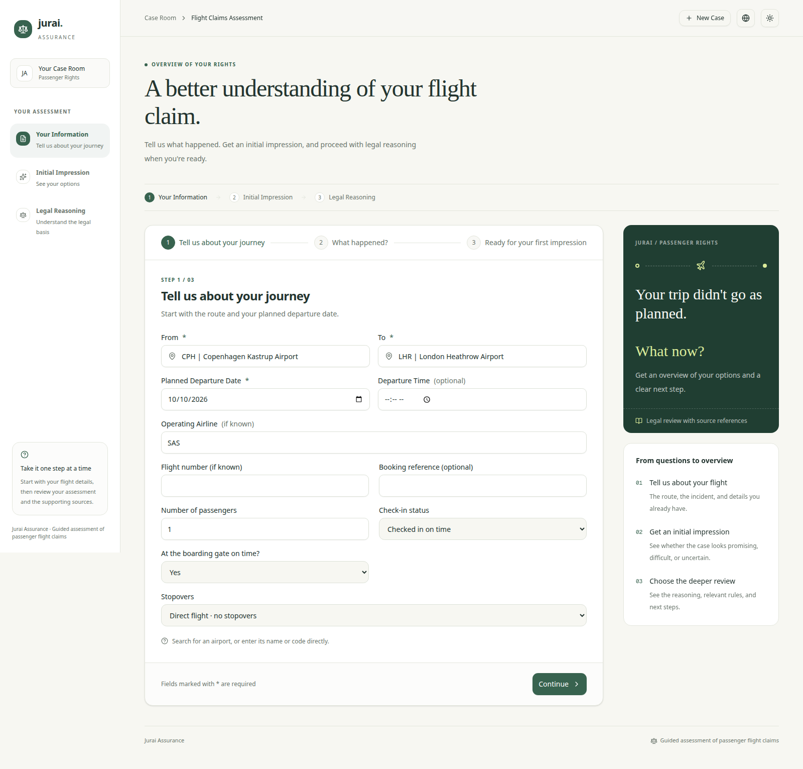 Jurai Assurance case room with a Copenhagen to London itinerary and guided claim form