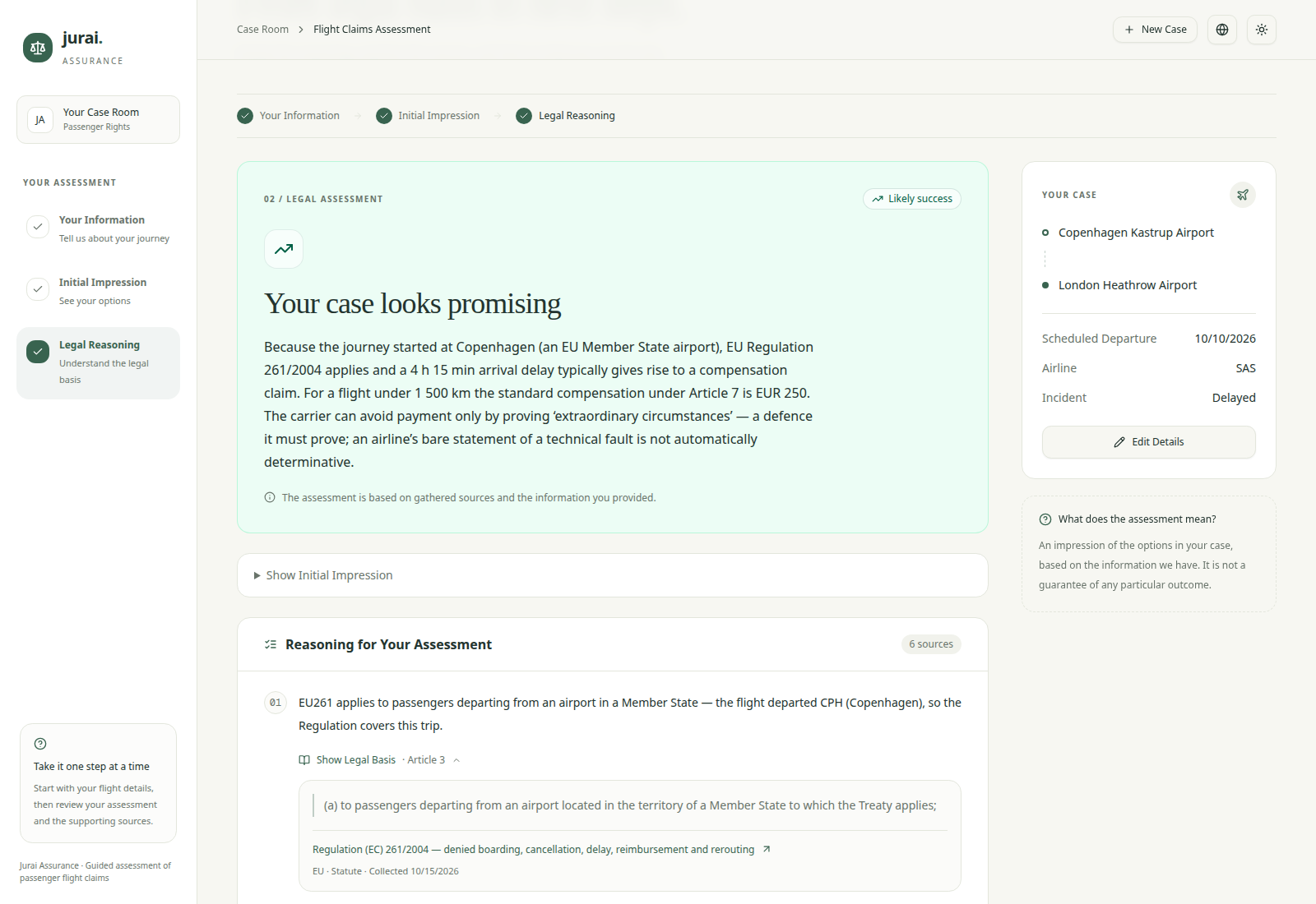 Legal assessment with expanded EU261 Article 3 quote, source attribution, and claim summary