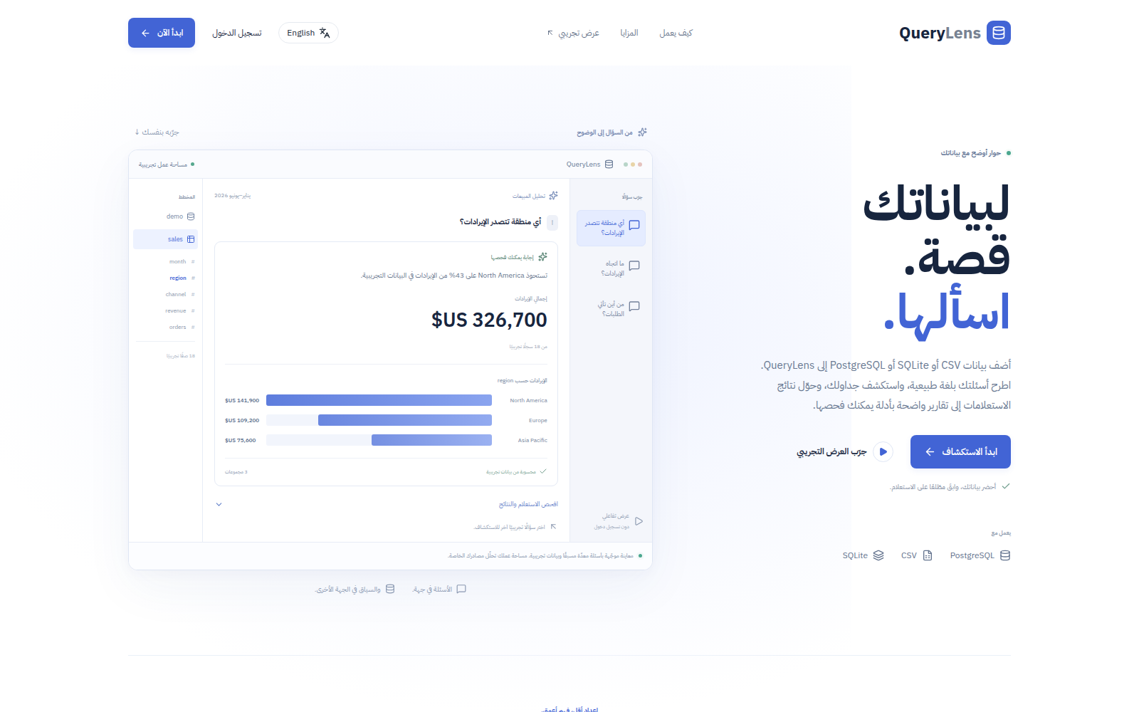 QueryLens Arabic landing page with right-to-left navigation and a localized analytics demo